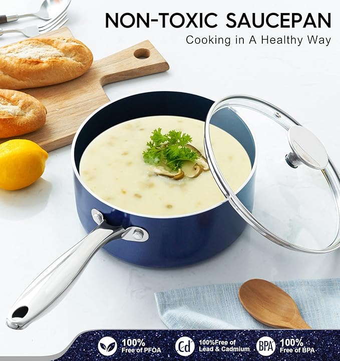MICHELANGELO Sauce Pan Sets, Ceramic Saucepans with Lids, 1Qt & 2Qt & 3Qt Sauce Pans with Lid, Nonstick Saucepan Set, Small Pot with Stainless Steel Handle, Oven Safe, Blue