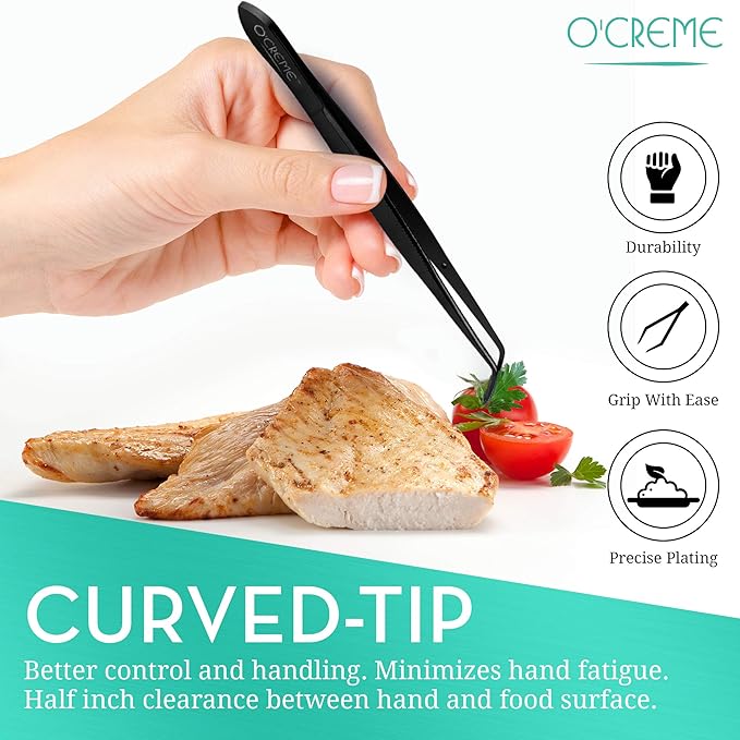 O'Creme Curved Tweezers 6.25 Inch Fine-Point Stainless Steel, Black