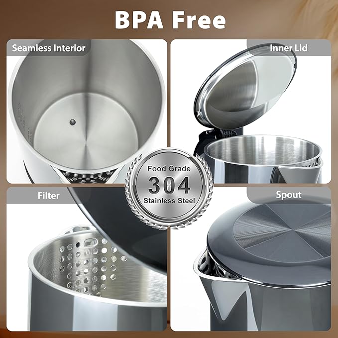 1.7L Electric Kettle, Stainless Steel Interior, 1500 Watt, Fast Boiling Water Boiler, LED Display, Temperature Control, Keep Warm, Auto Shut-Off, Boil-Dry Protection, Double Wall Cool Touch, Cordless