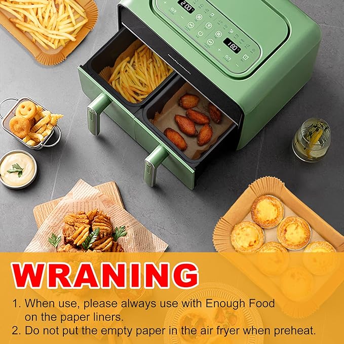 Vailnd Air Fryer Liners Disposable for Dual Basket, 100Pcs 8x5.5 Inch Rectangle Air Fryer Paper Liner for Ninja DZ201 DZ401, Chefman/COSORI 2-Basket, Oil Proof Parchment Paper