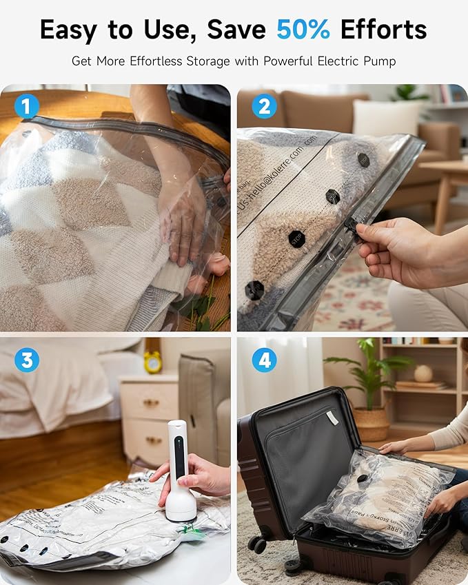 16 Pack Travel Vacuum Seal Bags with Rechargeable Electric Pump, 4 Sizes Space Saver Vacuum Storage Bags for Luggage, Suitcase & Home Organization, Reuseable Vacuum Seal Bags for Clothing