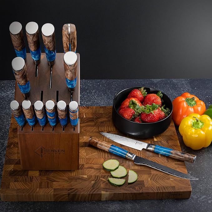 SENKEN 15-Piece Damascus Knife Block Set - "Tsunami" Collection Japanese Chef Knife Set - 67-Layer Japanese VG10 Steel Blades, Includes Chef Knife, Cleaver, 6 Steak Knives (15-Piece Knife Block Set)