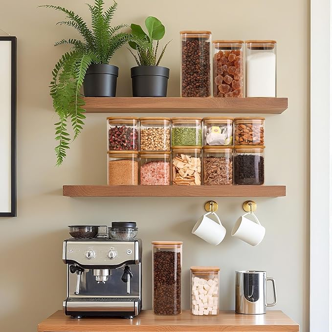 ComSaf 0.7 Qt Glass Food Storage Jars Set of 9, Clear Glass Storage Containers with Lids, Pantry Organization Jar, Spice, Blooming Tea, Oat, Coffee and Sugar Container, Small Canister Set for Kitchen