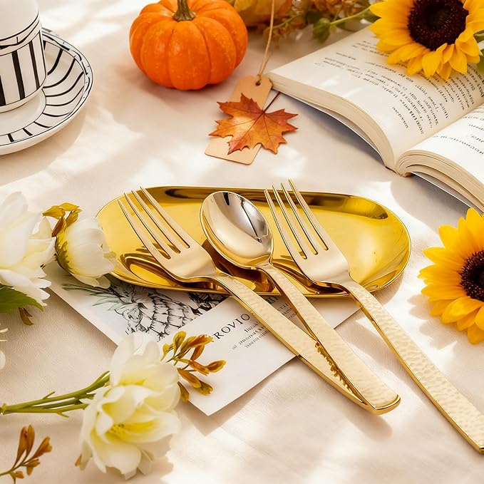 KIRE 400PCS Gold Plastic Spoons and Forks Disposable - Gold Plastic Silverware Set Disposable - 200 Forks and 200 Spoons for Thanksgiving Party, Birthday