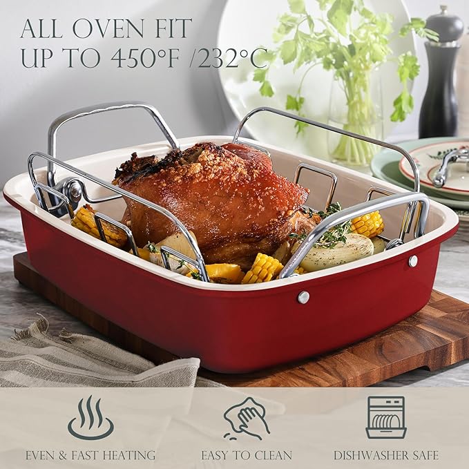 KITESSENSU Nonstick Turkey Roasting Pan with Rack 17 x 14 inch - Large Chicken Roaster Pan for Oven - Wider Handles & Heavy Duty Construction - Suitable for 24lb Turkey, Red