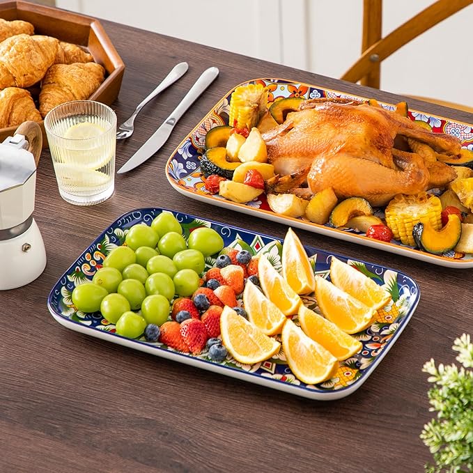 vancasso Serving Platters Set of 3, 16"/14"/12" Inch Rectangular Trays - Serving Platter Extra Large, Bohemian Ceramic Serving Dish for Entertaining Food, Microwave & Dishwasher Safe, Colorful