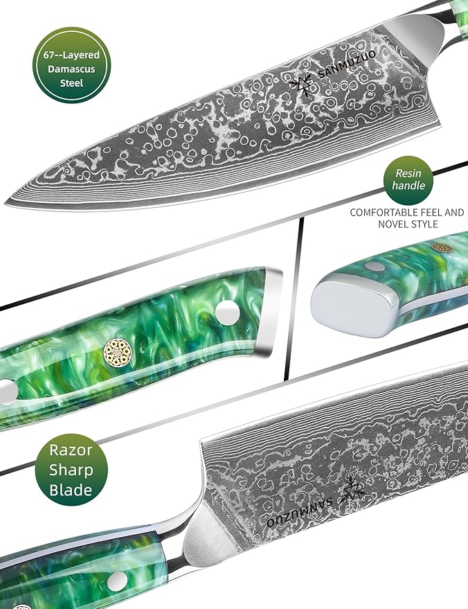 Chef Cooking Knives Set- Kitchen Knife Set of 5 Piece - Ultra-Sharp VG10 Damascus Steel & Resin Handle - Xuan Series (Jade Green)