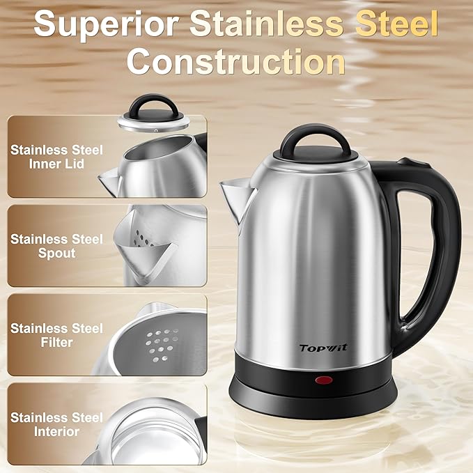 Topwit 2.5L Large Electric Kettle, BPA Free Stainless Steel Water Boiler & Heater, Fast Boil Electric Tea Kettle, Hot Water Kettle Electric with Auto Shut-Off & Boil-Dry Protection for Family