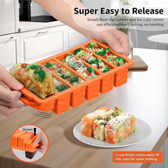 2-Pack Silicone Freezer Trays with Lid, 2 Large 2-Cup(500ml) & 6 Small 1/2-Cup(125ml) Soup Freezer Container Molds, Ice Cube Tray For Meal Prep & Freezing Soup, Stews, Sauces, Oven & Dishwasher-Safe