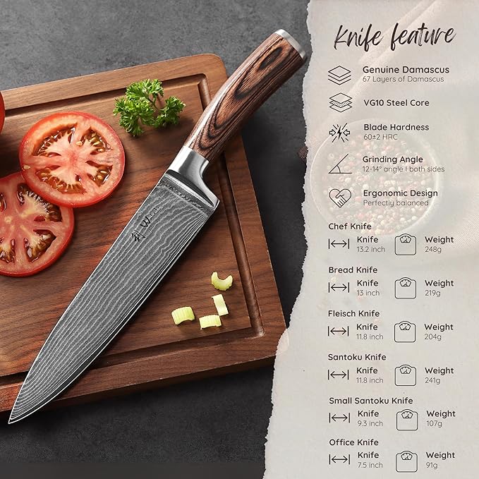 Wakoli EDIB 6-Piece Damascus Knife Set – Complete Kitchen Knives Collection | Genuine Damascus Steel Blades with VG10 Core | Ergonomic Pakkawood Handles | Professional Knife Gift Set