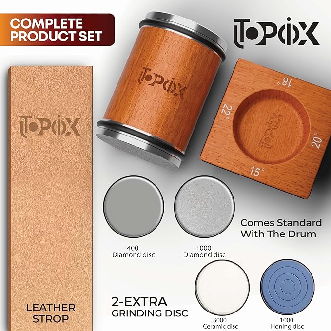 Rolling Knife Sharpener Kit – 4 Angles (15°,18°,20°,22°) – Includes Diamond, Ceramic & Honing Discs with Leather Strop – Ideal for Home Cooks & Professional Chefs