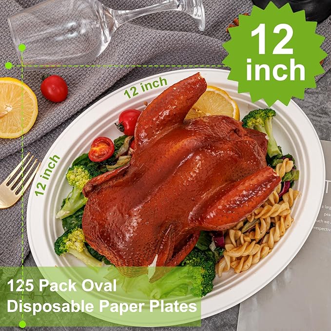 100% Compostable Oval Paper Plates 12 Inch, 125-Pack Large Heavy Duty Paper Plates Bulk,Biodegradable Bagasse,Eco-Friendly Disposable Dinner Plate for BBQ,Picnic,Party (BPI Certified,Microwaveable)