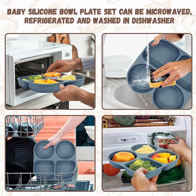 Silicone Feeding Set, Led Weaning Supplies, Food Tableware Suction Plate, Bowl, Spoons, Fork, Waterproof Bib, Cup & Complementary Food Cake Mold, Baby Eating Utensils