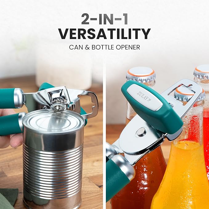 Zulay Kitchen Heavy Duty Stainless Steel Can Opener Manual with Bottle Opener - Rust Proof Manual Can Opener With Turn Knob & Comfy Soft Grip Handles - Emerald