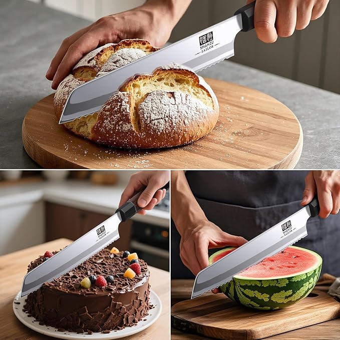 SHAN ZU 8 Inch Japanese Bread Knife, 9 Layers 10Cr15MoV High Carbon Steel Bread Knives for Homemade Bread, Sharp Sourdough Bread Knives with Red Sandalwood Handle, Long Serrated Bread Cutting Knife