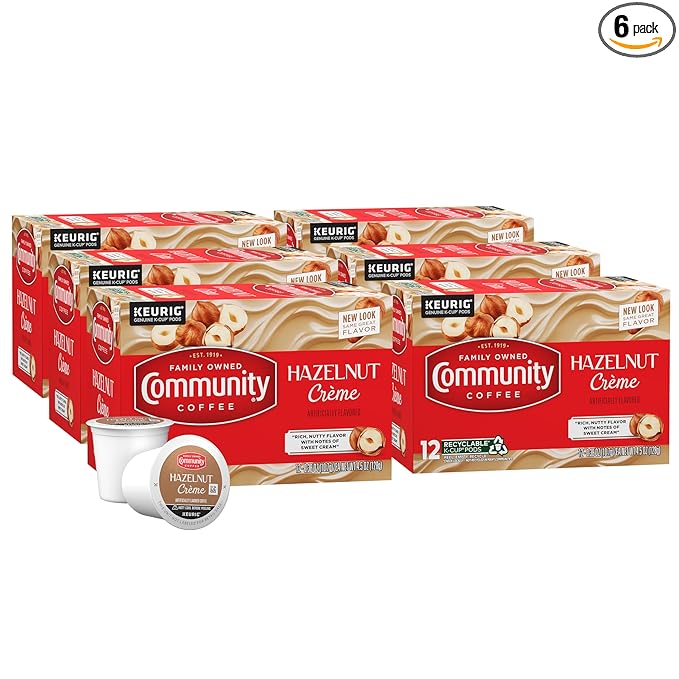 Community Coffee Hazelnut Creme Flavored 72 Count Keurig K-Cup Coffee Pods, Medium Roast, 12 Count (Pack of 6)