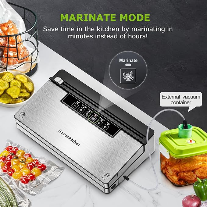 Bonsenkitchen Vacuum Sealer Machine, Powerful Stainless Steel Food Sealer with 5 Modes, Built-in Cutter & Bag Storage,Globefish Technology for High-Speed Continuous Working, Include 1 Bag Roll