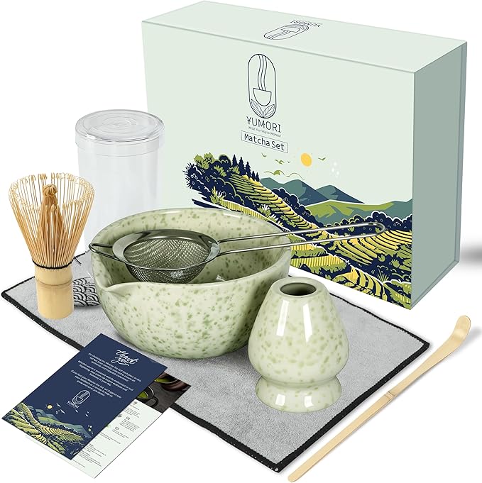 6 Pcs Matcha Whisk Set | Matcha kit with Mottled Green Bowl, Bamboo Whisk, Scoop, Sifter, Holder for whisk & Cleaning Cloth, Traditional Matcha Set in Magnetic Gift Box