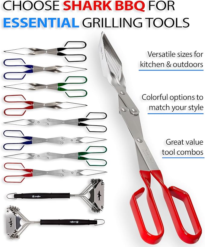 Shark BBQ Steak Grilling Tongs - 17 inch Red. Professional outdoor grilling utensil. Long Reach Barbeque Grilling Tongs. Ideal for kabobs, fish, burgers, and sausage