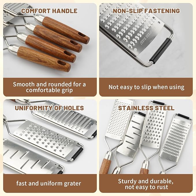 SHIKORI Stainless Steel & Wood Cheese Grater with Protective Cover - Modern, Rectangular, Slicer Color