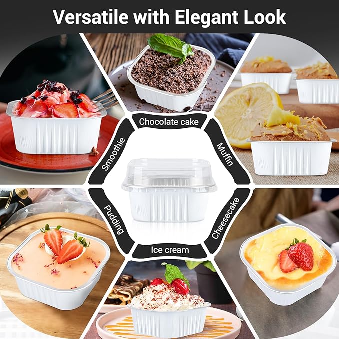 EUSOAR Disposable Ramekins with Lids, White 10oz 50pcs Creme Brulee Ramekins, Aluminum Foil Baking Cups, Square Cupcake Pans, Mini Cake loaf Bread Containers