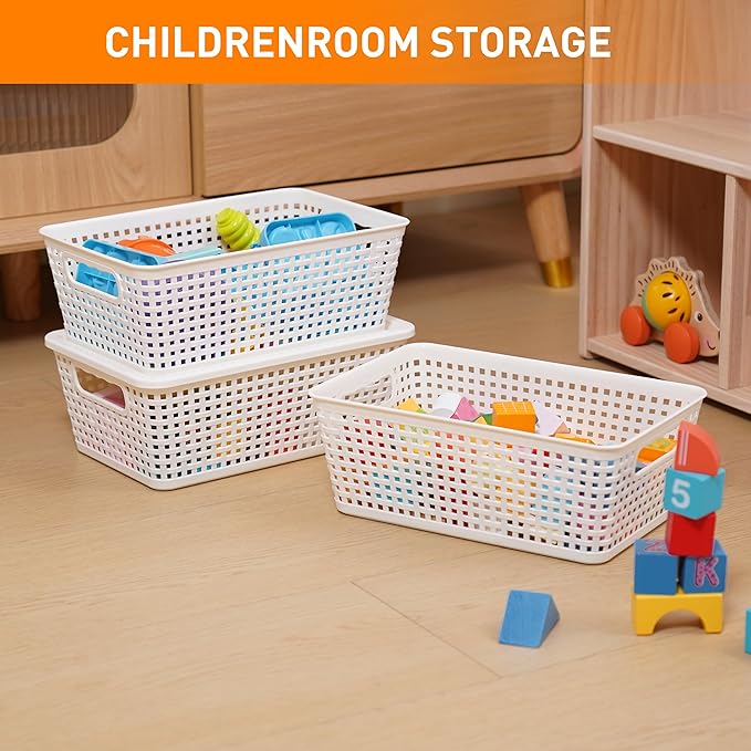 Plastic Storage Baskets With Lid, Storage Bins for Organizing, Stackable Decorative Containers for Shelves Drawers Desktop Closet Playroom Classroom Office, 6 Pack- White