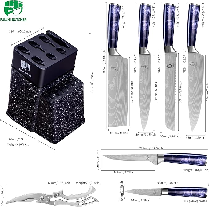 FULLHI 8pcs block Knife Set,chef's Knves Set with Block and Sharpener, Kitchen Knife Set,Multi-colour Handle, Gifts for Men Women