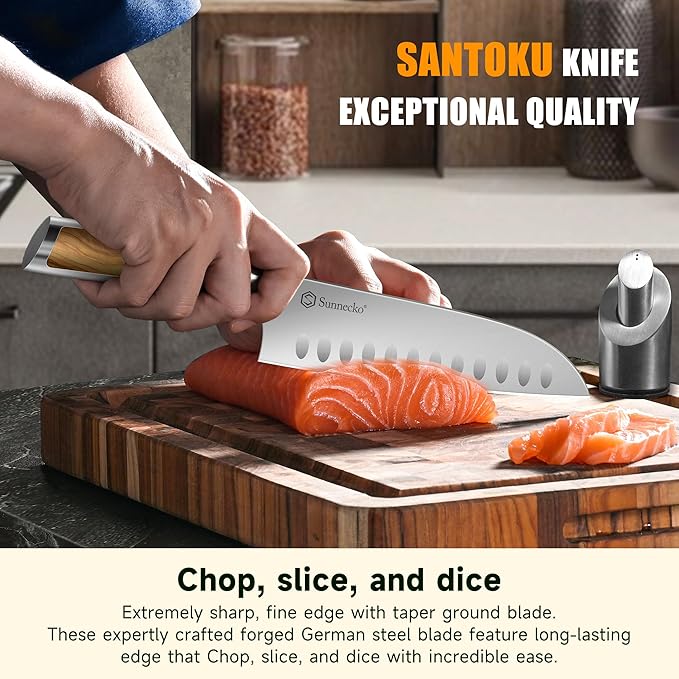 Sunnecko Knife Set for Kitchen - Block Knife Set of 6pcs with High Carbon Stainless Steel 1.4116 Chef Knife Set - Kitchen Knives with Olive Wood Handle and Acacia Wooden Knife Block