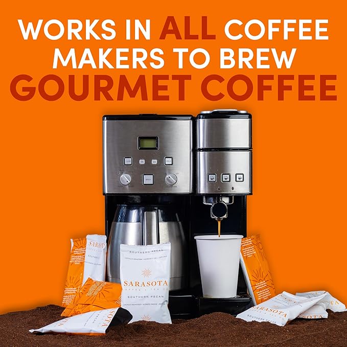 Sarasota Coffee Ground Packets | Gourmet Flavored Medium Roast Grounds Packs | Southern Texas Butter Pecan | Low Acid Mold Free Bulk Individual Pouches for 12 Cup Coffee Maker | 2 oz Bags, 12 Count