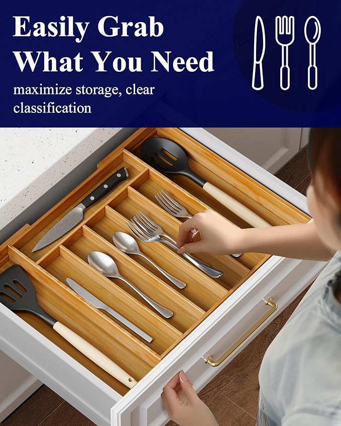 Kitsure Extra Large Bamboo Silverware Organizer - Expandable Drawer Organizer for Utensil, Cutlery and Flatware, Kitchen Storage Solution with 6 to 8 Slots, Natural, 19.7" × 15.4" × 2.0"