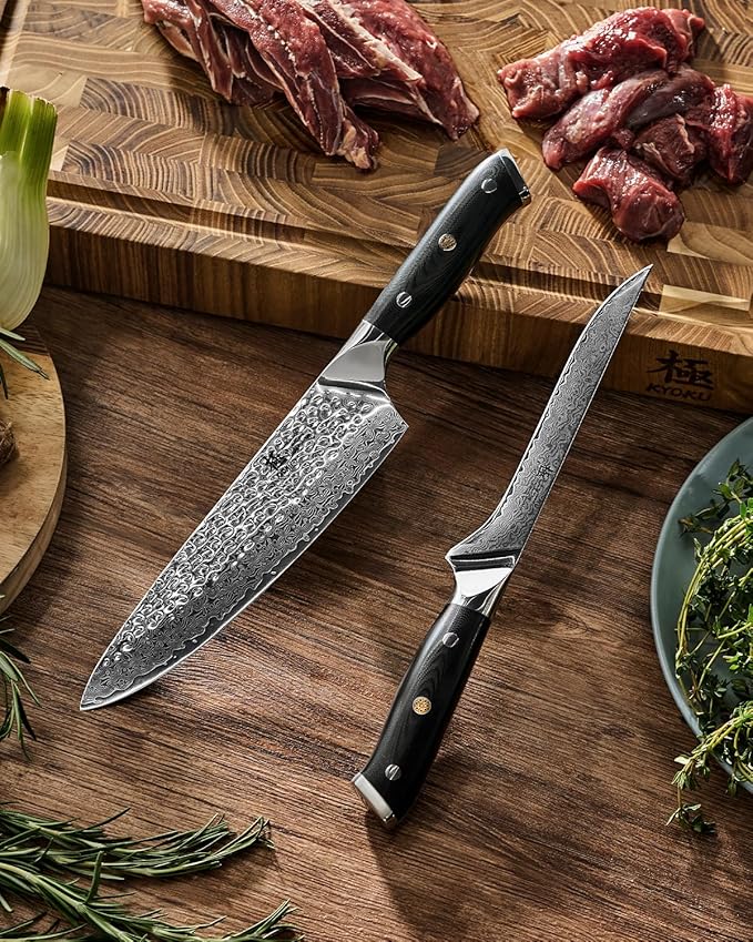 KYOKU Knife Set, 2pc Japanese Kitchen Knife Set for Cooking, 7" Boning 8" Chef Knife with Sheath Gift Box, Professional Sharp Damascus Stainless Steel Knives for Meat Vegetable