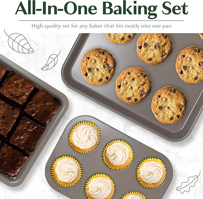 Goodful All-In-One Nonstick Bakeware Set, Stackable and Space Saving Design includes Round and Square Pans, Muffin Pans, Cookie Sheet and Roaster, Dishwasher Safe, 8-Piece, Linen