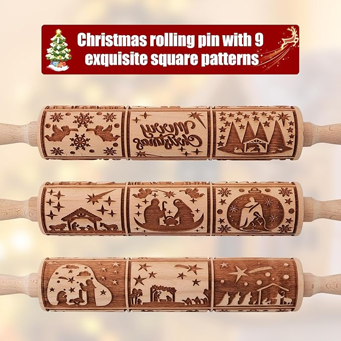 17" Premium Wooden Rolling Pins for Baking with Nativity Embossed Designs | 3mm Deep Springerle Cookie Molds | Christmas Rolling Pin & Baking Gifts for Women | Includes 3-in-1 Cleaning Brush ﻿