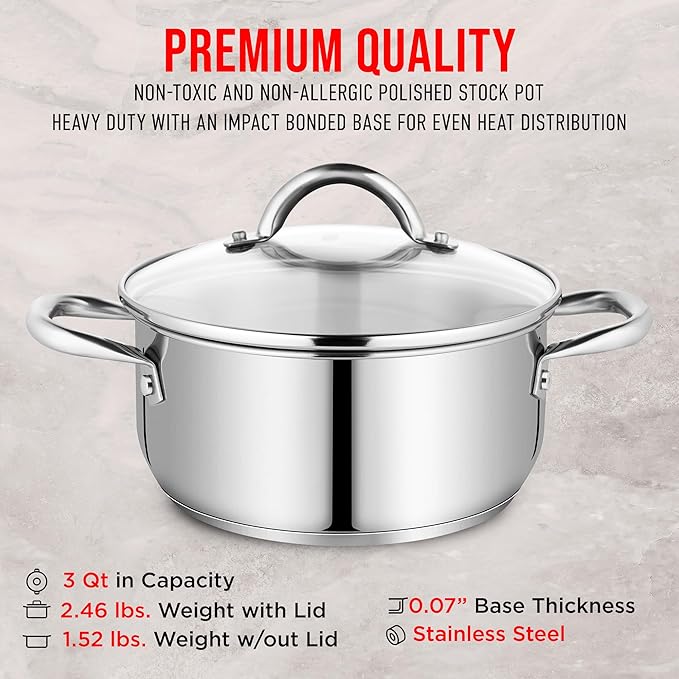 Stainless Steel Stockpot with Tempered Glass Lid 3 Quart, Durable 18/0 Stainless Steel, Impact-Bonded Base for Even Heating, Riveted Handles, Oven & All Stove Compatible, Safe Up To 500°F (260°C)