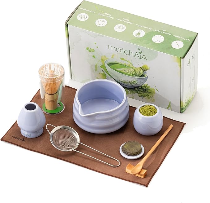 Matcha Whisk Set - Ceramic Bowl, Bamboo Whisk with Holder, Storage Canister, Sifter, Schima Spoon with Rest, Tea Towel - 8 Pcs Complete Kit for Traditional Matcha and Modern Lattes (Purple)