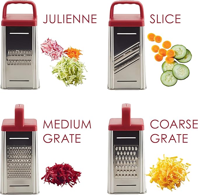Rachael Ray Tools and Gadgets Stainless Steel Box Grater for Vegetables, Chocolate, Hard Cheeses, and more, Red(9.43 x 8.84 x 8.06 inches)