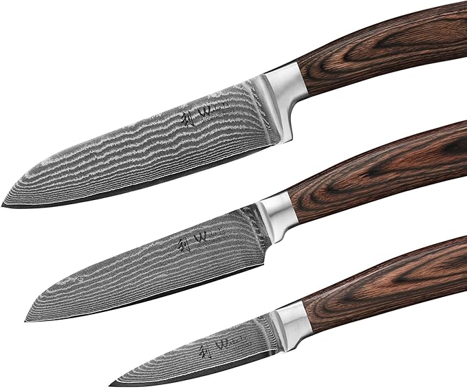 Wakoli EDIB 3-Piece Damascus Knife Set with Magnetic Knife Block | Professional Chef Knives with 3.4" - 6.7" Blades, 67-Layer Damascus Steel, VG10 Core, Pakkawood Handles | Premium Kitchen Knife Set