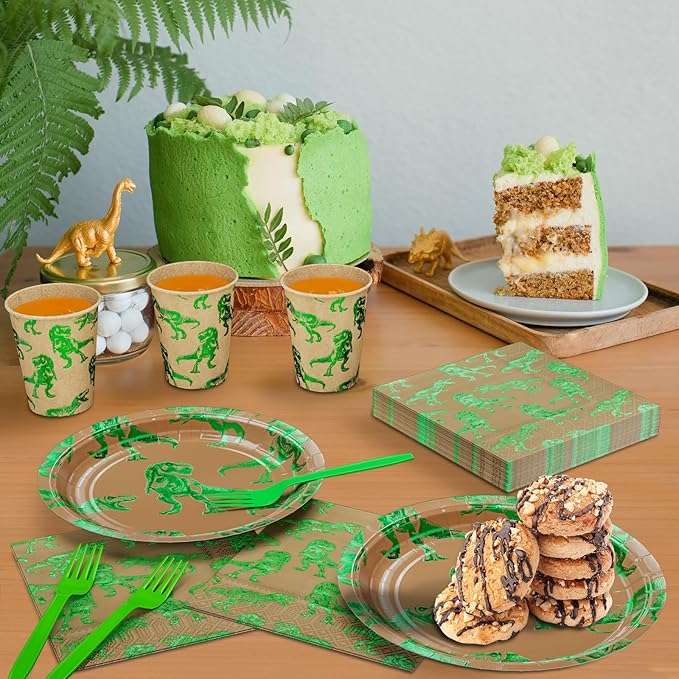 DYLIVeS Green Foil Dinosaur Birthday Party Decorations, Rawr Dinosaur Disposable Tableware Set with 9'' Dinner Plates, Napkins, Cups, Forks - Serves 24
