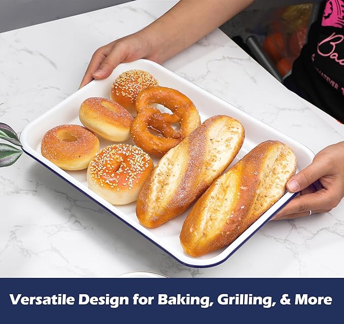 Webake Enamelware 9x13 Non Stick Baking Sheet, Enameled Steel Jelly Roll Pan Rectangular Serving Tray, Ceramic Coating Cookie Sheet