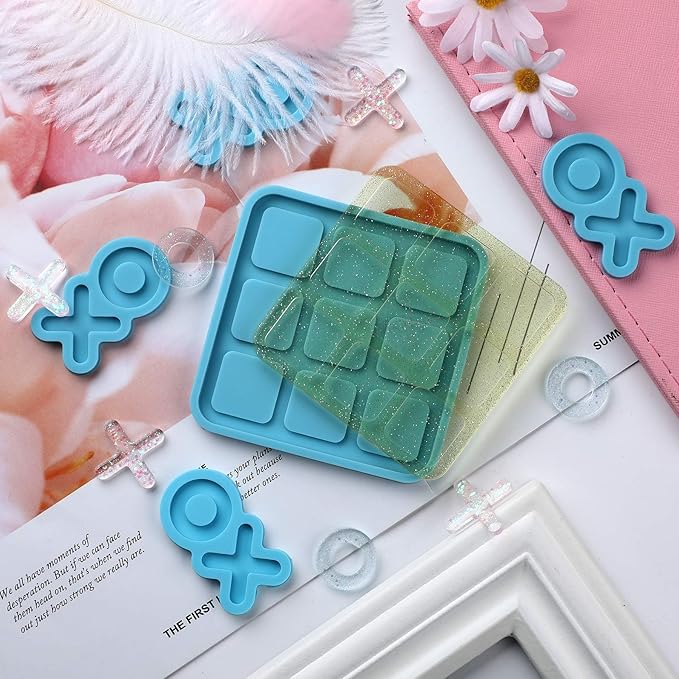 Tic Tac Toe Resin Mold with 5 Chess Pieces Molds,DECYOOL X O Board Game Silicone Molds for Resin Casting,DIY Tabletop Board Game