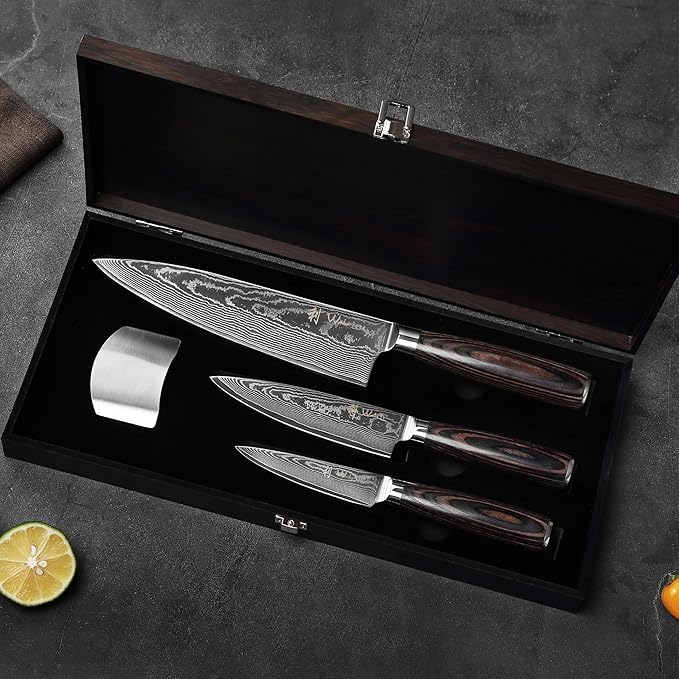 Wakoli ESE 3-Piece Damascus Knife Set – Professional Chef’s Knives | 67-Layer VG10 Core Steel | Ergonomic Pakkawood Handles | Premium Kitchen Knives in Wooden Gift Box