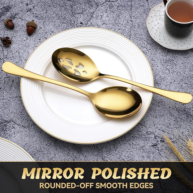 6 Piece Stainless Steel Serving Spoon Set - 3 Large, 3 Slotted,Dishwasher Safe,10-Inch,Gold, for Parties/Kitchen/Buffet/Catering