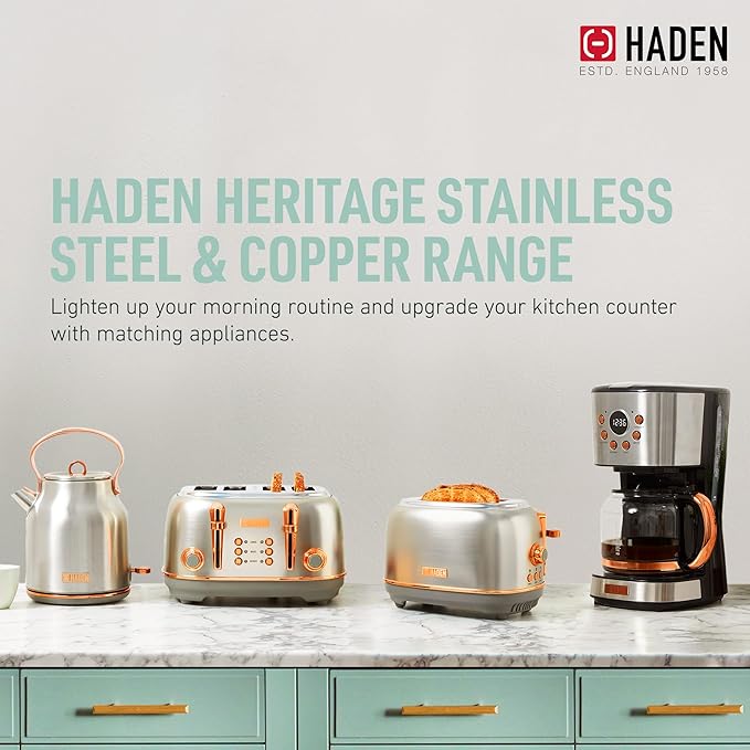 Haden Heritage 4 Slice Wide Slot Stainless Steel Toaster Bundled with 12 Cup Programmable Drip Coffee Maker Coffee Machine, Steel & Copper