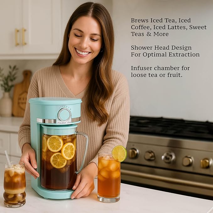 Studio 54 Retro Iced Tea Maker with Infuser, 3QT Glass Pitcher Electric Tea and Coffee Brewer, Adjustable Strength Cold Brew Maker for Iced Coffee, Iced Lattes, Sweet Tea & Fruit Infusions