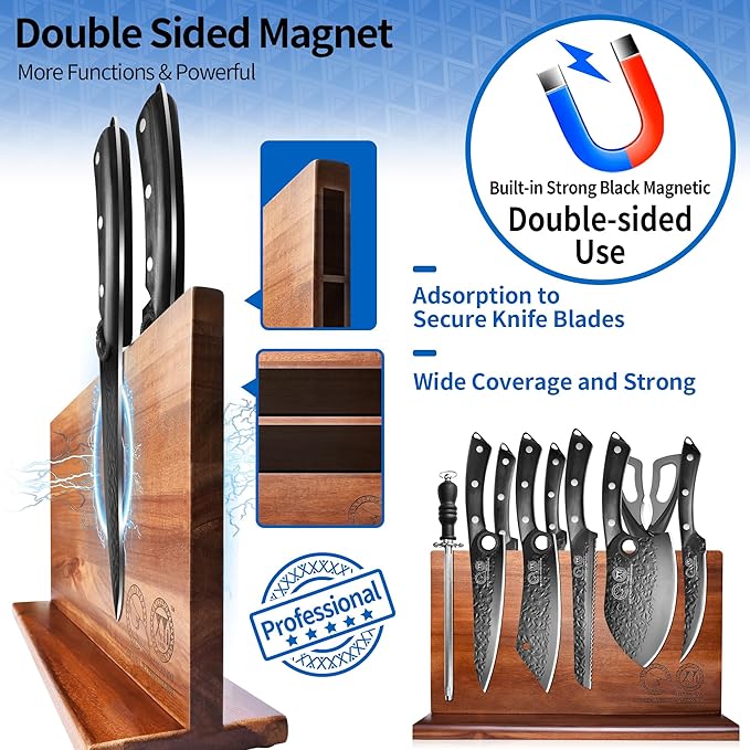 XYJ Kitchen Knife Set with Magnetic Knife Block,Cutting Board,Scissors,Honing Steel,Professional Knife Block Set,High Carbon Steel Blade,Meat Cleaver,Full Tang,Wood Handle