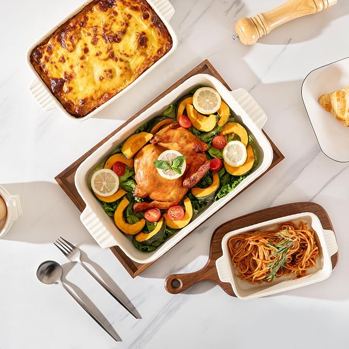 Sweejar Ceramic Baking Dish Set, Cake Baking Dish for Brownie, Porcelain Striped Casserole Dishes for Oven with Handle for Lasagna, Family Dinner(White)