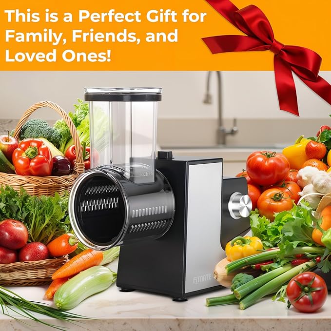 FITNATE Electric Cheese Grater, 250W Electric Slicer Shredder Salad Maker with 5 Replaceable Stainless Blades, Kitchen Chopper Vegetable Cutter for Cheese, Fruits, Vegetables
