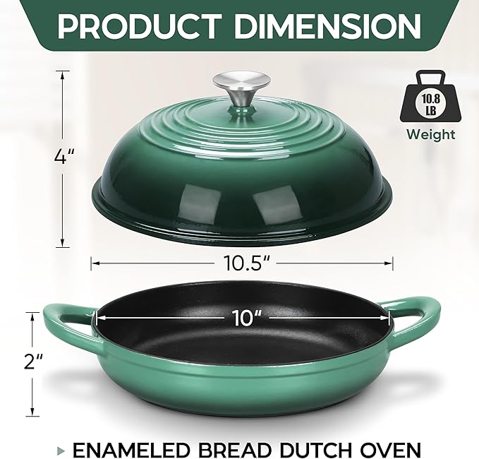 E-far Dutch Oven for Sourdough Bread Baking, 6 Qt Round Enameled Cast Iron Dutch Oven for Homemade Artisan Bread, Dome Lid & Shallow Base, Matte Black Interior & Durable, Oven-Safe to 500℉, Dark Green