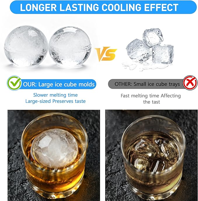 Ice ball maker mold For Whiskey And Cocktails ，2.5inch Round ice cube mold with Lids Easy Release Silicone Sphere Ice Cube Tray Perfect For Chilling Beverages Drinks And Bourbon 2PCS/8 Ice balls