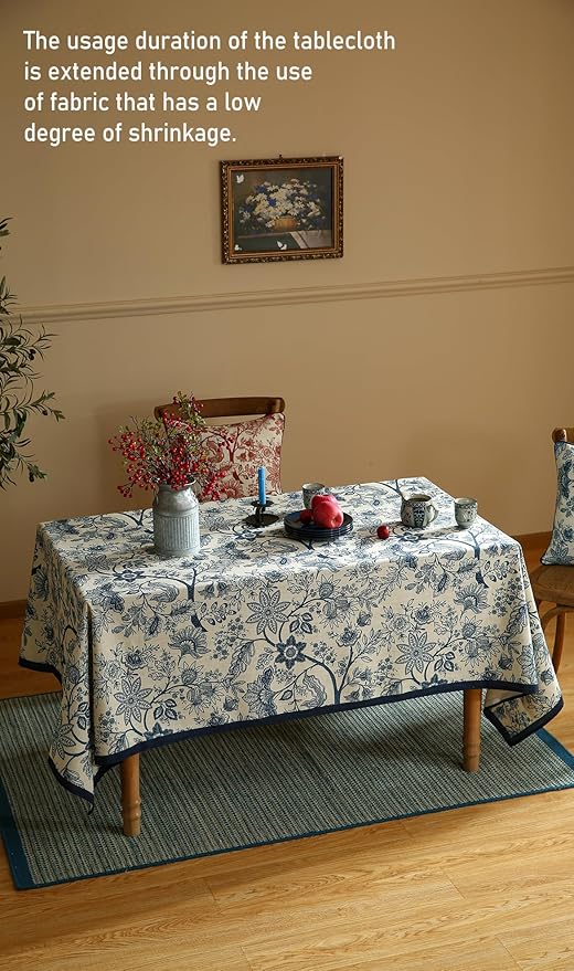 ISAENNE Designer French Linen Long Rectangle Tablecloth,Blue Floral Washable Indoor Table Cloth,Durable Home Decor Tablecloths for Dining Thanksgiving Kitchen Party Christmas,63"*94"-Ruyi B